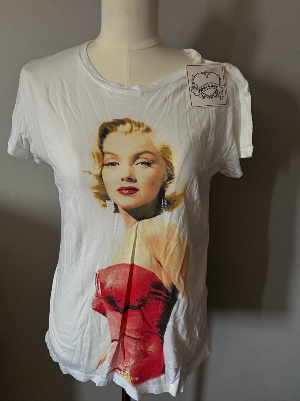 First Love White Short-Sleeve Tee with Vintage Portrait of Marilyn Monroe XL